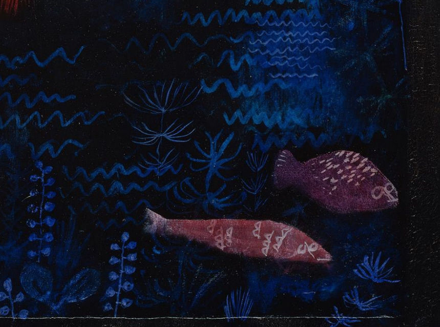 Detail 5: Blue marks and smaller fish at the lower right in The Goldfish